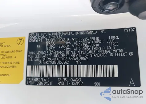 2008 Lexus Rx 350 z USA, uszkodzony, nr VIN 2T2HK31U88C056362